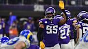 Dec 26, 2021; Minneapolis, Minnesota, USA; Minnesota Vikings outside linebacker Anthony Barr (55) directs the defense against the Los Angeles Rams during the third quarter at U.S. Bank Stadium. Mandatory Credit: Jeffrey Becker-Imagn Images