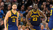 Jan 27, 2024; San Francisco, California, USA; Golden State Warriors guard Klay Thompson (11) and forward Draymond Green (23) during the third quarter against the Los Angeles Lakers at Chase Center. Mandatory Credit: Darren Yamashita-Imagn Images