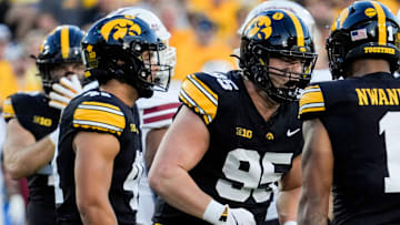 Iowa Hawkeyes defensive lineman Aaron Graves (95) celebrates during a football game against the Massachusetts Minutemen Sept. 13, 2025 at Kinnick Stadium in Iowa City, Iowa.