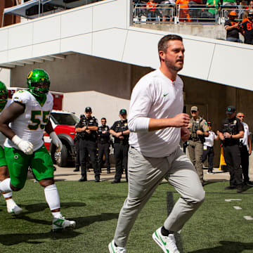 Oregon head coach Dan Lanning leads the Ducks onto the field as the Oregon State Beavers host the Oregon Ducks Saturday, Sept. 14, 2024 at Reser Stadium in Corvallis, Ore.