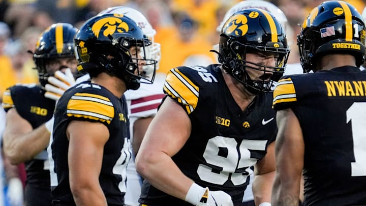 Iowa Hawkeyes defensive lineman Aaron Graves (95) celebrates during a football game against the Massachusetts Minutemen Sept. 13, 2025 at Kinnick Stadium in Iowa City, Iowa.