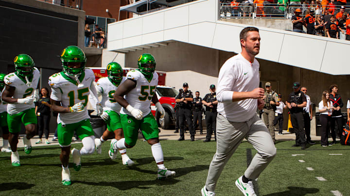 Oregon head coach Dan Lanning leads the Ducks onto the field as the Oregon State Beavers host the Oregon Ducks Saturday, Sept. 14, 2024 at Reser Stadium in Corvallis, Ore.