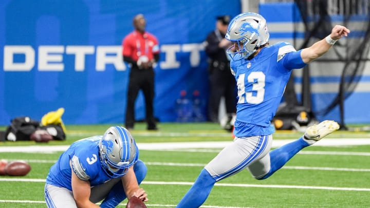 Detroit Lions kicker Jake Bates (43) attempts a field goal during practice before a preseason game against Pittsburgh Steelers at Ford Field in Detroit on Saturday, August 24, 2024.