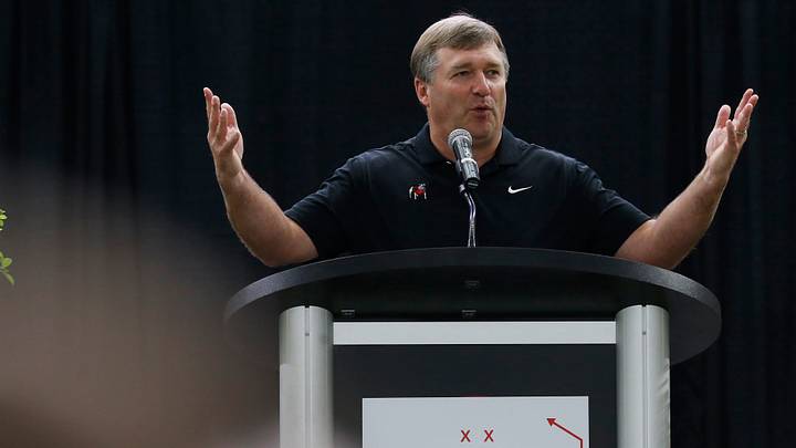 Kirby Smart speaks to the crowd during the Kirby Smart Family Foundation's Giving Day at the UGA Football Indoor Practice Facility in Athens, Ga., on Wednesday, Aug. 10, 2022. The Kirby Smart Family Foundation supports over 70 organizations in Georgia and neighboring states that help children and families who are facing adversity such as disability and childhood cancer.

News Joshua L Jones
