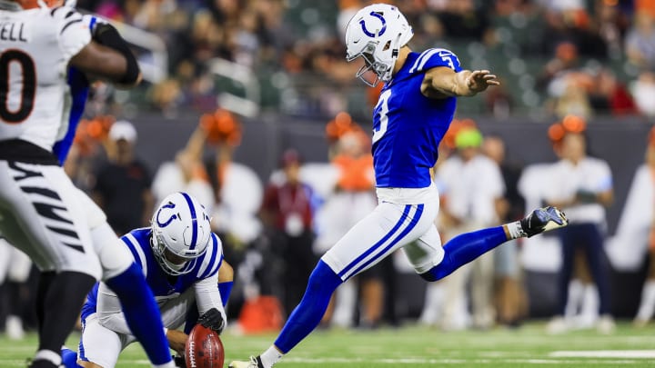 Aug 22, 2024; Cincinnati, Ohio, USA; Indianapolis Colts kicker Spencer Shrader (3) kicks a field goal against the Cincinnati Bengals in the second half at Paycor Stadium. Mandatory Credit: Katie Stratman-USA TODAY Sports