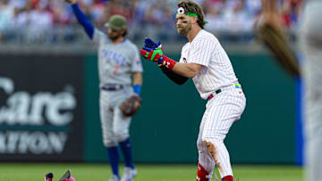 May 19, 2023; Philadelphia, Pennsylvania, USA; Philadelphia Phillies designated hitter Bryce Harper (3) reacts after hitting a double during the first inning against the Chicago Cubs at Citizens Bank Park. Mandatory Credit: Bill Streicher-Imagn Images