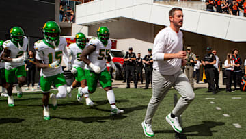Oregon head coach Dan Lanning leads the Ducks onto the field as the Oregon State Beavers host the Oregon Ducks Saturday, Sept. 14, 2024 at Reser Stadium in Corvallis, Ore.