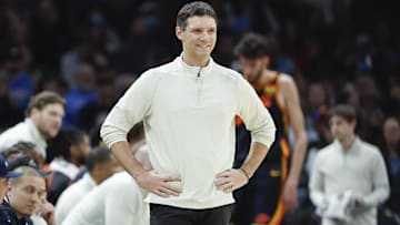 Dec 31, 2023; Oklahoma City, Oklahoma, USA; Oklahoma City Thunder head coach Mark Daigneault watches his team play against the Brooklyn Nets during the second half at Paycom Center. Mandatory Credit: Alonzo Adams-Imagn Images