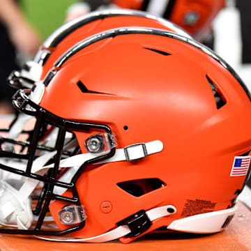 Aug 17, 2023; Philadelphia, Pennsylvania, USA; Cleveland Browns helmet on the sidelines against the Philadelphia Eagles at Lincoln Financial Field. Mandatory Credit: Eric Hartline-Imagn Images