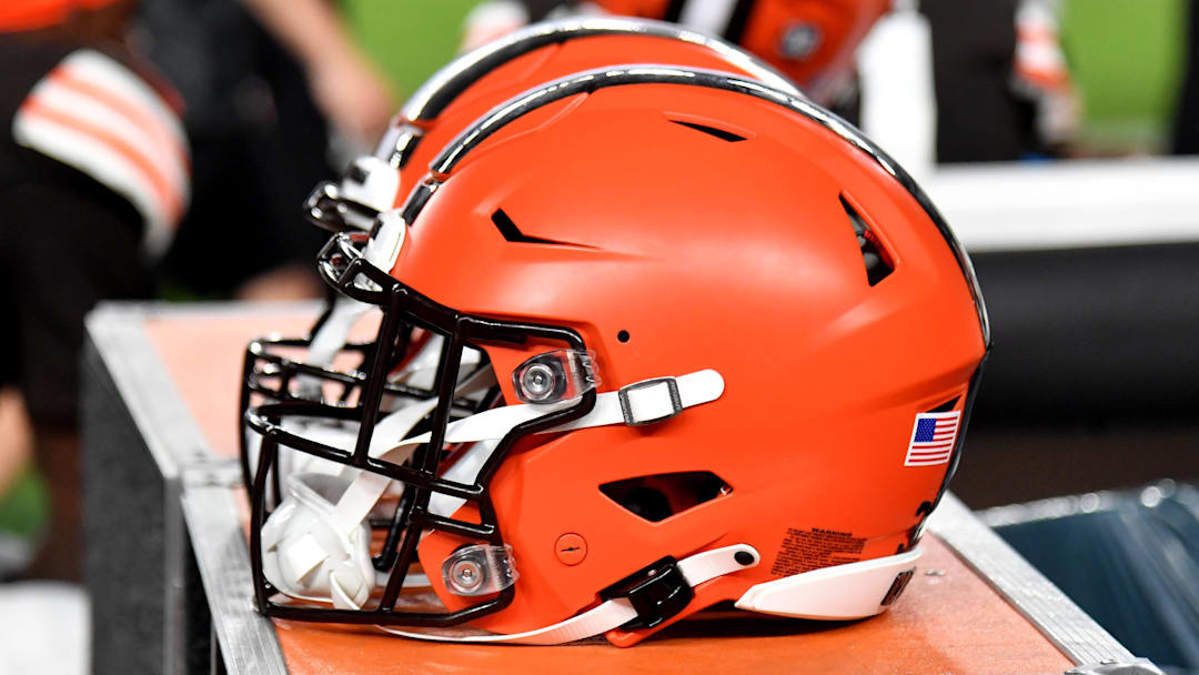 Aug 17, 2023; Philadelphia, Pennsylvania, USA; Cleveland Browns helmet on the sidelines against the Philadelphia Eagles at Lincoln Financial Field. Aug 17, 2023; Philadelphia, Pennsylvania, USA; Cleveland Browns helmet on the sidelines against the Philadelphia Eagles at Lincoln Financial Field.