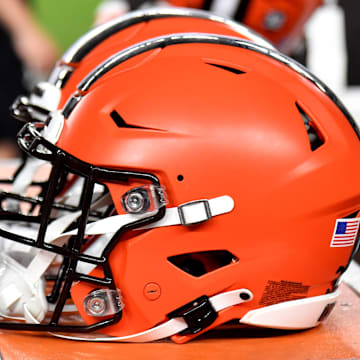 Aug 17, 2023; Philadelphia, Pennsylvania, USA; Cleveland Browns helmet on the sidelines against the Philadelphia Eagles at Lincoln Financial Field.