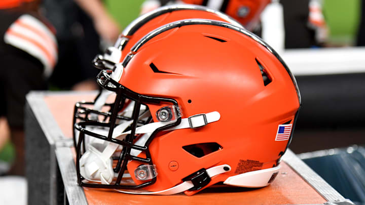 Aug 17, 2023; Philadelphia, Pennsylvania, USA; Cleveland Browns helmet on the sidelines against the Philadelphia Eagles at Lincoln Financial Field.