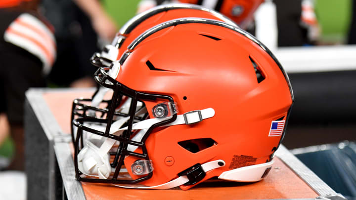 Aug 17, 2023; Philadelphia, Pennsylvania, USA; Cleveland Browns helmet on the sidelines against the Philadelphia Eagles at Lincoln Financial Field.