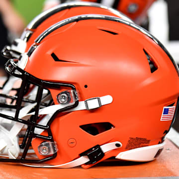 Aug 17, 2023; Philadelphia, Pennsylvania, USA; Cleveland Browns helmet on the sidelines against the Philadelphia Eagles at Lincoln Financial Field. Mandatory Credit: Eric Hartline-Imagn Images