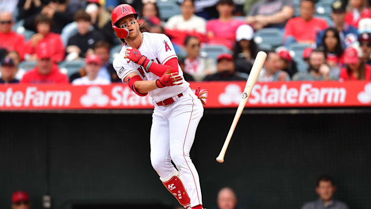 Apr 12, 2023; Anaheim, California, USA; Los Angeles Angels center fielder Brett Phillips (8) draws a