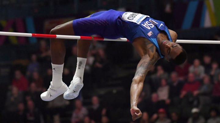 Mar 1, 2018; Birmingham, United Kingdom; Erik Kynard (USA) places fourth in the high jump at 7-6 (2.29m) in the high jump during the IAAF World Indoor Championships at Arena Birmingham. Mandatory Credit: Kirby Lee-USA TODAY Sports