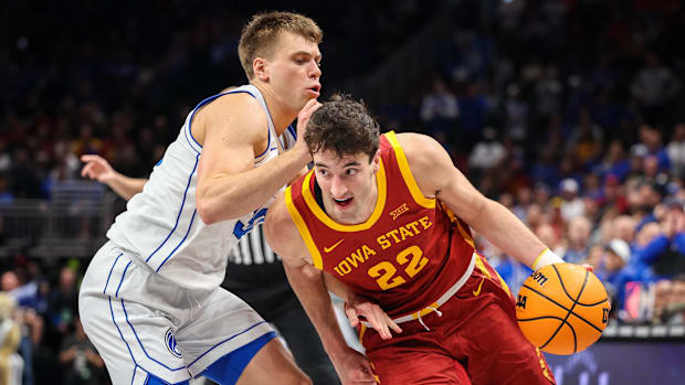 Iowa State Cyclones forward Milan Momcilovic (22) drives to the basket during the second half against BYU.