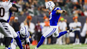 Aug 22, 2024; Cincinnati, Ohio, USA; Indianapolis Colts kicker Spencer Shrader (3) kicks a field goal against the Cincinnati Bengals in the second half at Paycor Stadium.