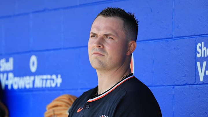Mar 14, 2026; Dunedin, Florida, USA;  Detroit Tigers starting pitcher Tarik Skubal (29) looks on from the dugout during the first inning against the Toronto Blue Jays at TD Ballpark. Mandatory Credit: Kim Klement Neitzel-Imagn Images