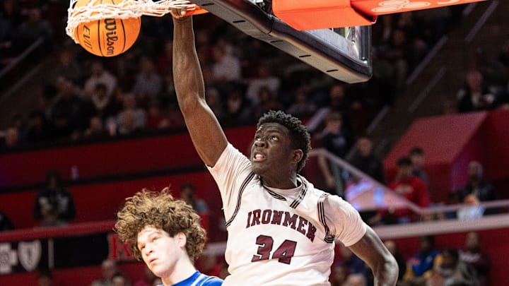 Mar 8, 2024; Piscataway, New Jersey, United States; Don Bosco vs. Paul VI in the Non-Public A championship at Jersey Mike's Arena. DB #34 Keiner Asprilla dunks in the fourth period.