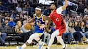 Mar 10, 2025; San Francisco, California, USA; Golden State Warriors forward Jimmy Butler III (10) drives past Portland Trail Blazers guard Shaedon Sharpe (17) during the second quarter at Chase Center. Mandatory Credit: John Hefti-Imagn Images