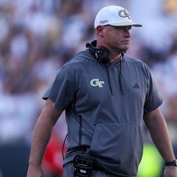 Oct 11, 2025; Atlanta, Georgia, USA; Georgia Tech Yellow Jackets head coach Brent Key on the sideline against the Virginia Tech Hokies in the third quarter at Bobby Dodd Stadium at Hyundai Field. Mandatory Credit: Brett Davis-Imagn Images
