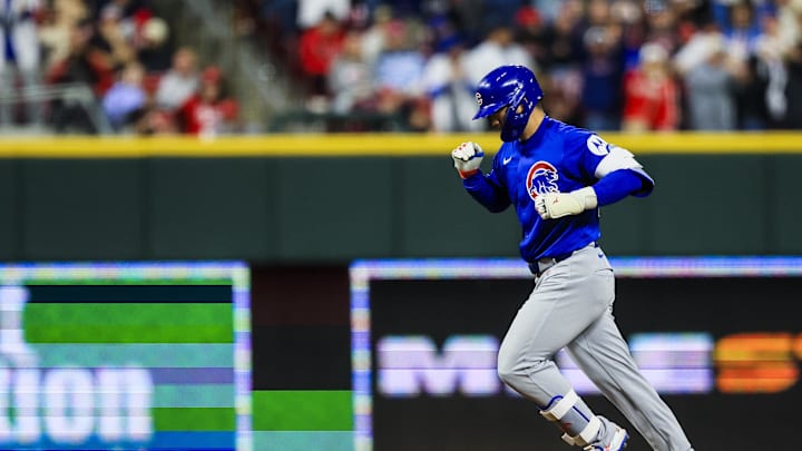 Chicago Cubs outfielder Seiya Suzuki (27) runs the bases after hitting a three-run home run in the eighth inning against the Cincinnati Reds at Great American Ball Park on May 23. Chicago Cubs outfielder Seiya Suzuki (27) runs the bases after hitting a three-run home run in the eighth inning against the Cincinnati Reds at Great American Ball Park on May 23.