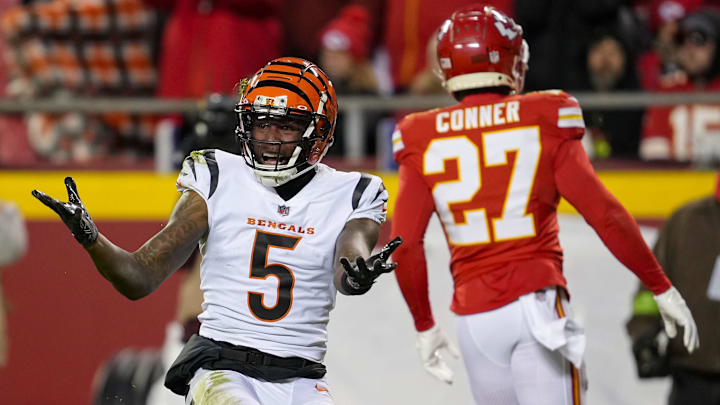 Dec 31, 2023; Kansas City, Missouri, USA; Cincinnati Bengals wide receiver Tee Higgins (5) reacts after a play against the Kansas City Chiefs during the second half at GEHA Field at Arrowhead Stadium. Mandatory Credit: Jay Biggerstaff-Imagn Images