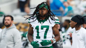 Dec 15, 2024; Jacksonville, Florida, USA; New York Jets wide receiver Davante Adams (17) before the game against the Jacksonville Jaguars at EverBank Stadium.
