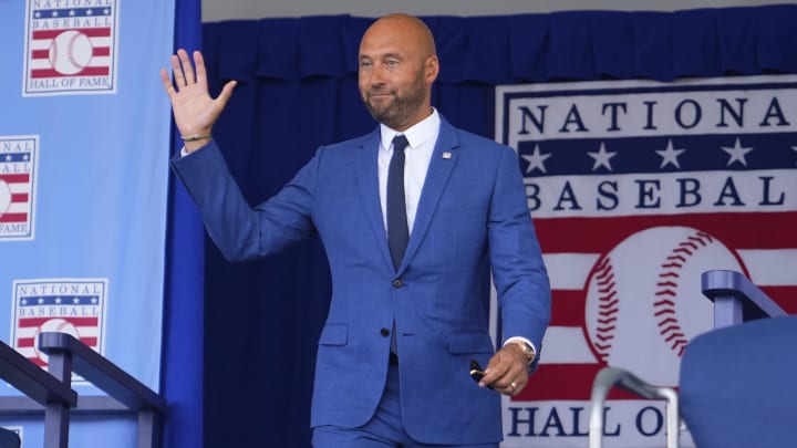 Jul 21, 2024; Cooperstown, New York, USA; Hall of Famer Derek Jeter is introduced during the National Baseball Hall of Fame Induction Ceremony in Cooperstown, NY. Mandatory Credit: Gregory Fisher-USA TODAY Sports