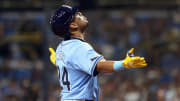 Jul 30, 2024; St. Petersburg, Florida, USA;  Tampa Bay Rays infielder Christopher Morel celebrates after hitting a home run.