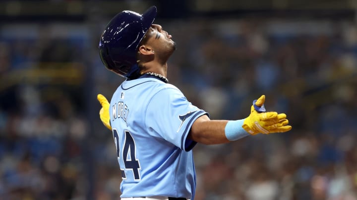 Jul 30, 2024; St. Petersburg, Florida, USA;  Tampa Bay Rays infielder Christopher Morel celebrates after hitting a home run.