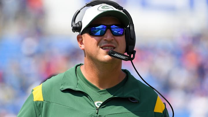  Green Bay Packers offensive coordinator coach Adam Stenavich prior to the game against the Buffalo Bills at Highmark Stadium. 
