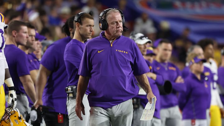 Nov 16, 2024; Gainesville, Florida, USA; LSU Tigers head coach Brian Kelly against the Florida Gators during the second half at Ben Hill Griffin Stadium. Mandatory Credit: Kim Klement Neitzel-Imagn Images