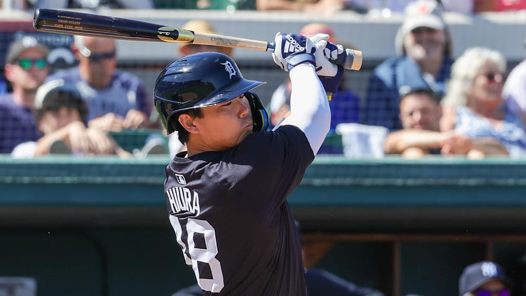 Former Detroit Tigers first baseman Keston Hiura (48) bats during the second inning against the New York Yankees at Publix Field at Joker Marchant Stadium.