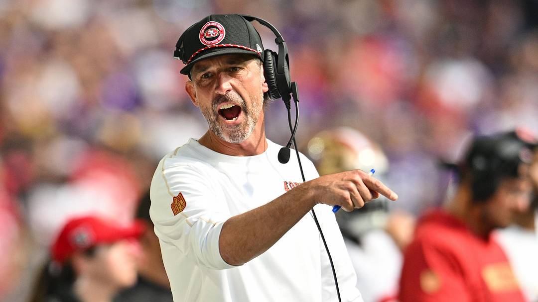 Sep 15, 2024; Minneapolis, Minnesota, USA; San Francisco 49ers head coach Kyle Shanahan reacts during the fourth quarter against the Minnesota Vikings U.S. Bank Stadium. Mandatory Credit: Jeffrey Becker-Imagn Images