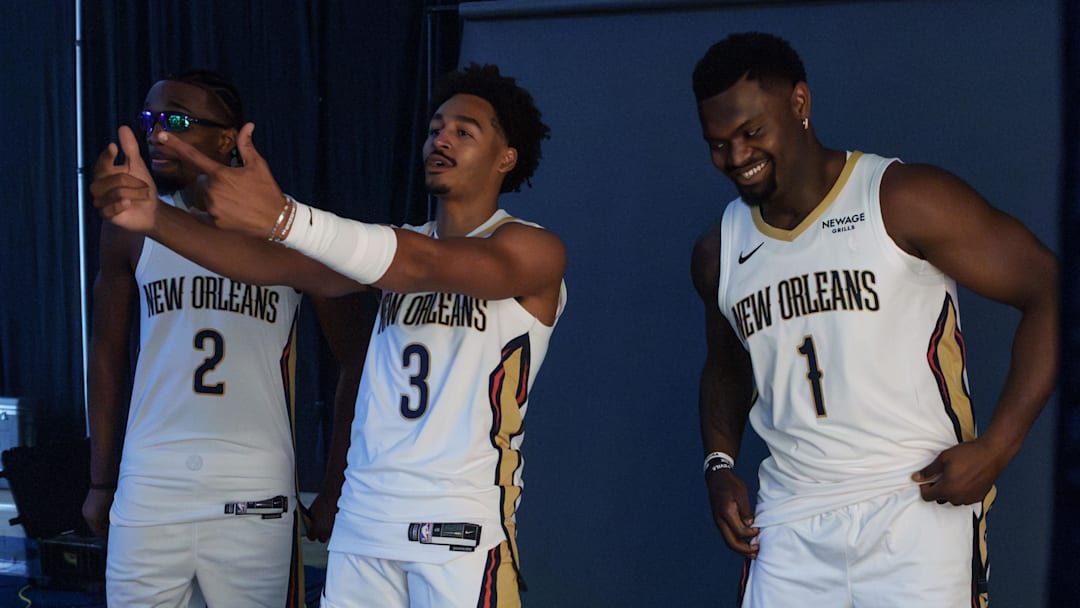 Sep 23, 2025; Metairie, LA, USA; New Orleans Pelicans forward Herbert Jones (2), guard Jordan Poole (3), and forward Zion Williamson (1) take part in media day at Ochsner Sports Performance Center. Mandatory Credit: Matthew Hinton-Imagn Images