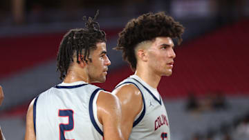 Jun 24, 2023; Glendale, AZ, USA; Columbus player Cameron Boozer (12) and brother Cayden Boozer (2) during the Section 7 high school boys tournament at State Farm Stadium. Mandatory Credit: Mark J. Rebilas-Imagn Images