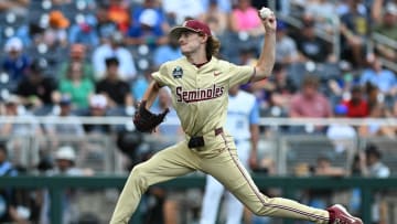 Jun 18, 2024; Omaha, NE, USA; Florida State Seminoles starting pitcher Andrew Armstrong (37) throws against the North Carolina Tar Heels during the first inning at Charles Schwab Field Omaha. Mandatory Credit: Steven Branscombe-USA TODAY Sports