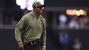 Nov 16, 2025; Atlanta, Georgia, USA; Atlanta Falcons head coach Raheem Morris reacts in the second quarter against the Carolina Panthers at Mercedes-Benz Stadium. Mandatory Credit: Brett Davis-Imagn Images