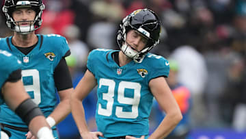 Oct 19, 2025; London, United Kingdom; Jacksonville Jaguars kicker Cam Little (39) reacts after missing a field goal against the Los Angeles Rams during the first half of an NFL International Series game at Wembley Stadium. 