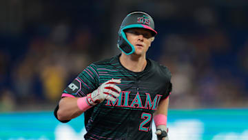 Jul 5, 2025; Miami, Florida, USA; Miami Marlins left fielder Kyle Stowers (28) circles the bases after hitting a solo home run against the Milwaukee Brewers during the second inning at loanDepot Park. Mandatory Credit: Sam Navarro-Imagn Images