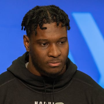 Feb 28, 2024; Indianapolis, IN, USA; Alabama linebacker Chris Braswell (LB04) talks to the media at the 2024 NFL Combine at Indiana Convention Center. Mandatory Credit: Trevor Ruszkowski-USA TODAY Sports