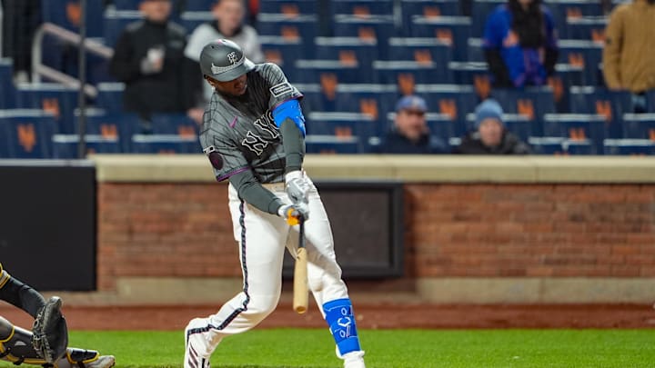 Mar 28, 2026; New York City, New York, USA; New York Mets center fielder Luis Robert Jr. (88) hits a three run walk off home run against the Pittsburgh Pirates during the eleventh inning at Citi Field. Mandatory Credit: Gregory Fisher-Imagn Images