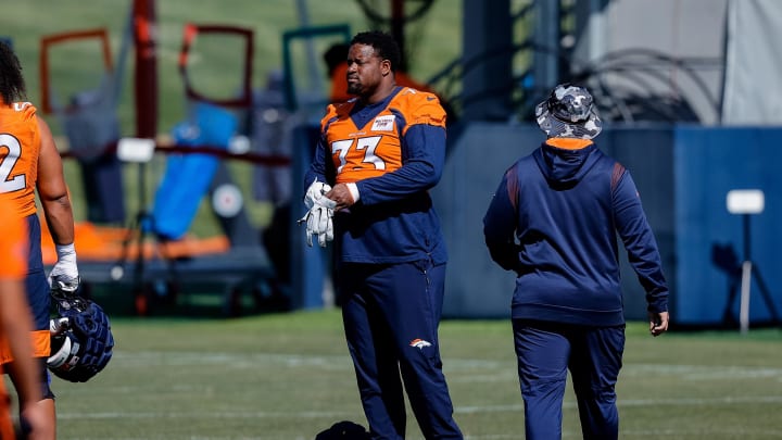 Aug 5, 2022; Englewood, CO, USA; Denver Broncos tackle Cameron Fleming (73) during training camp at the UCHealth Training Center. Mandatory Credit: Isaiah J. Downing-USA TODAY Sports