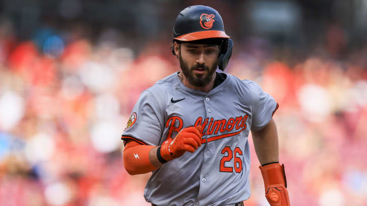 May 5, 2024; Cincinnati, Ohio, USA; Baltimore Orioles outfielder Ryan McKenna (26) scores on a RBI double hit by outfielder Colton Cowser (not pictured) in the ninth inning against the Cincinnati Reds at Great American Ball Park