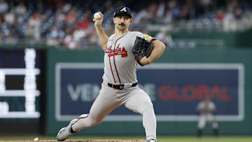 May 20, 2025; Washington, District of Columbia, USA; Atlanta Braves starting pitcher Spencer Strider (99) pitches against the Washington Nationals during the second inning at Nationals Park. Mandatory Credit: Geoff Burke-Imagn Images