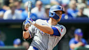 Texas Rangers shortstop Corey Seager (5) bats during the sixth inning against the Kansas City Royals at Kauffman Stadium. 