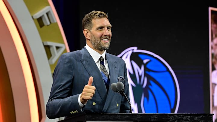Aug 12, 2023; Springfield, MA, USA; Dirk Nowitzki gives his speech as he is inducted into the 2023 Basketball Hall of Fame at Symphony Hall. Mandatory Credit: Eric Canha-Imagn Images Aug 12, 2023; Springfield, MA, USA; Dirk Nowitzki gives his speech as he is inducted into the 2023 Basketball Hall of Fame at Symphony Hall. Mandatory Credit: Eric Canha-Imagn Images