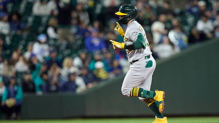 Apr 21, 2026; Seattle, Washington, USA; Athletics catcher Shea Langeliers (23) rounds the bases after hitting a solo home run during the seventh inning against the Seattle Mariners at T-Mobile Park. Mandatory Credit: John Froschauer-Imagn Images
